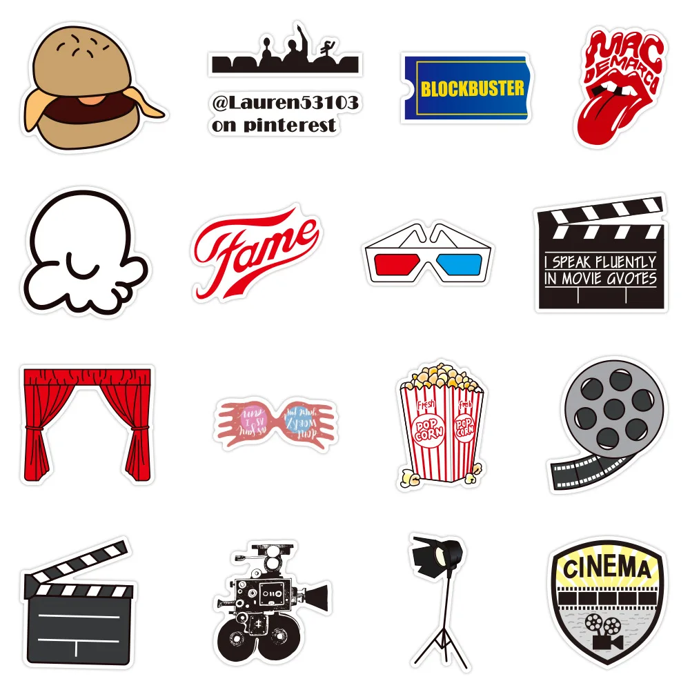 50 Pieces Cinema Diy Stickers Projector Popcorn Decals For Laptop, Water Bottles Movie Night Theme Birthday Party Decorations