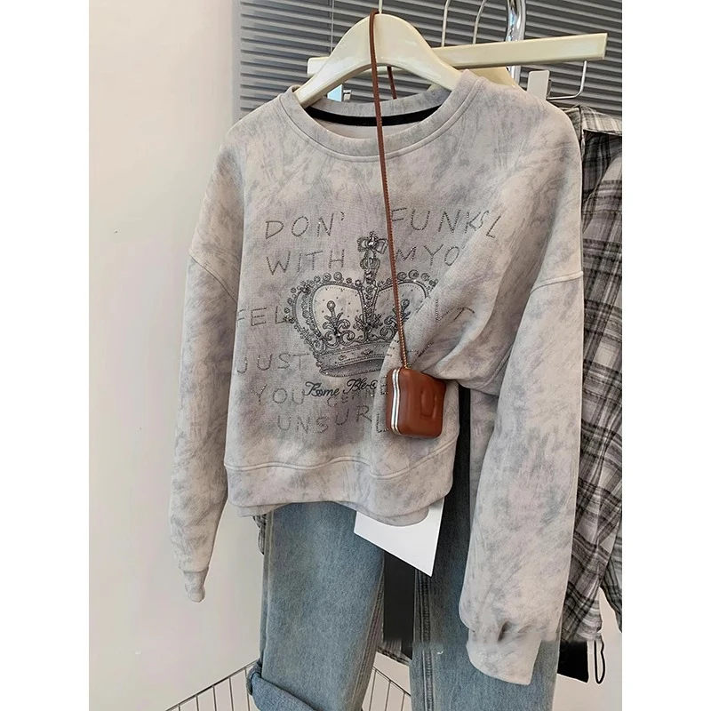 

Retro American round Neck Short Sweatshirt Women's Autumn Winter High Gloss Rhinestone Anti-Aging Trendy Top Comfortable Fit