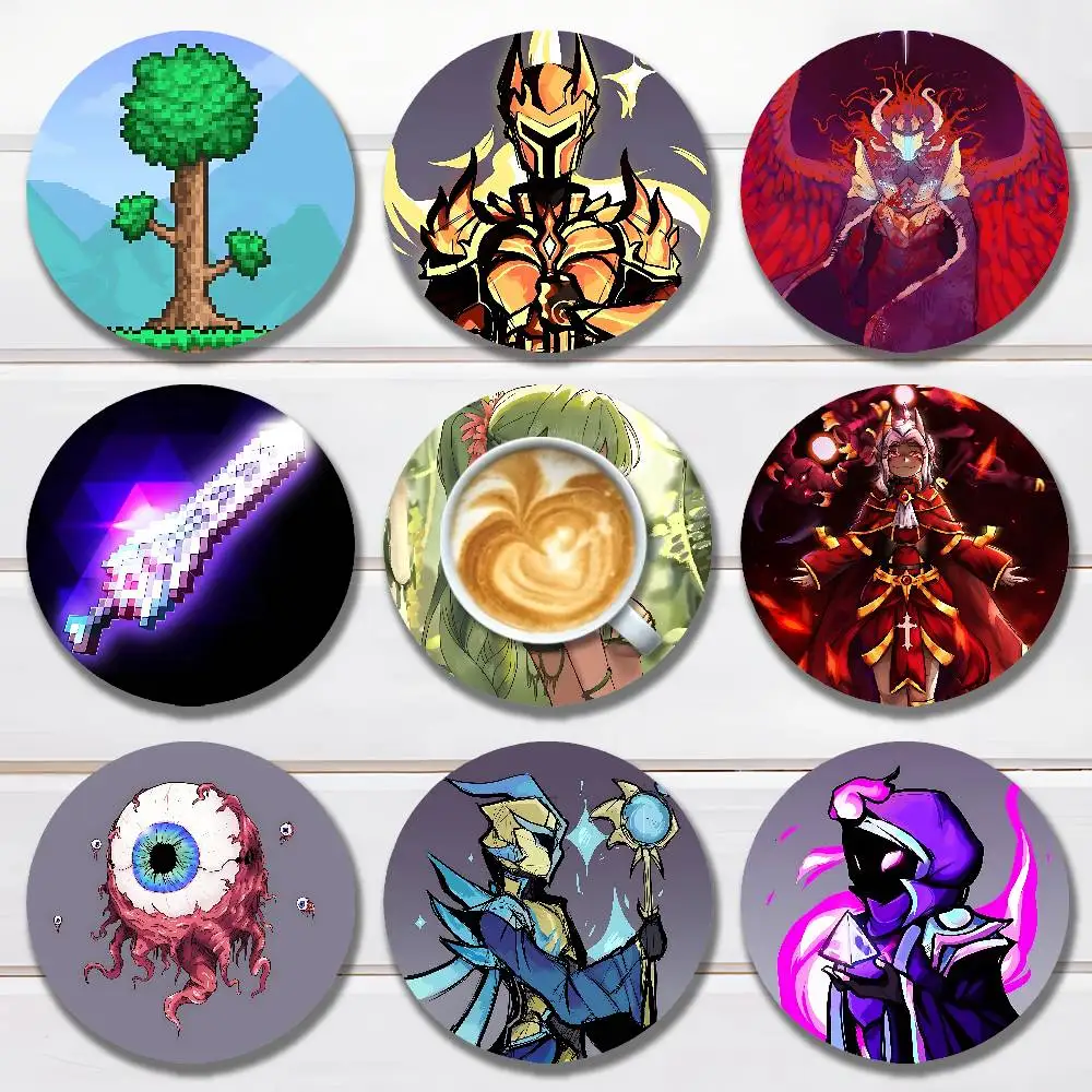 

Hot Game T-TerrariaS Heat Resistant Round Wooden Coasters Non-slip Drink Cafe Decoration 2D Flat Color Print Coasters