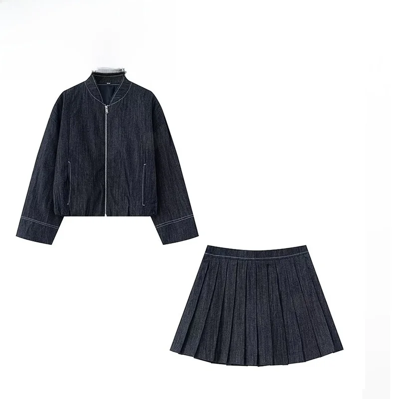 

ZBZA Spring New Women's Faion Design Deep Blue Balloon Sle Denim Pilot Jaet Loose Fit Polyester Long Sve Zipper Closure