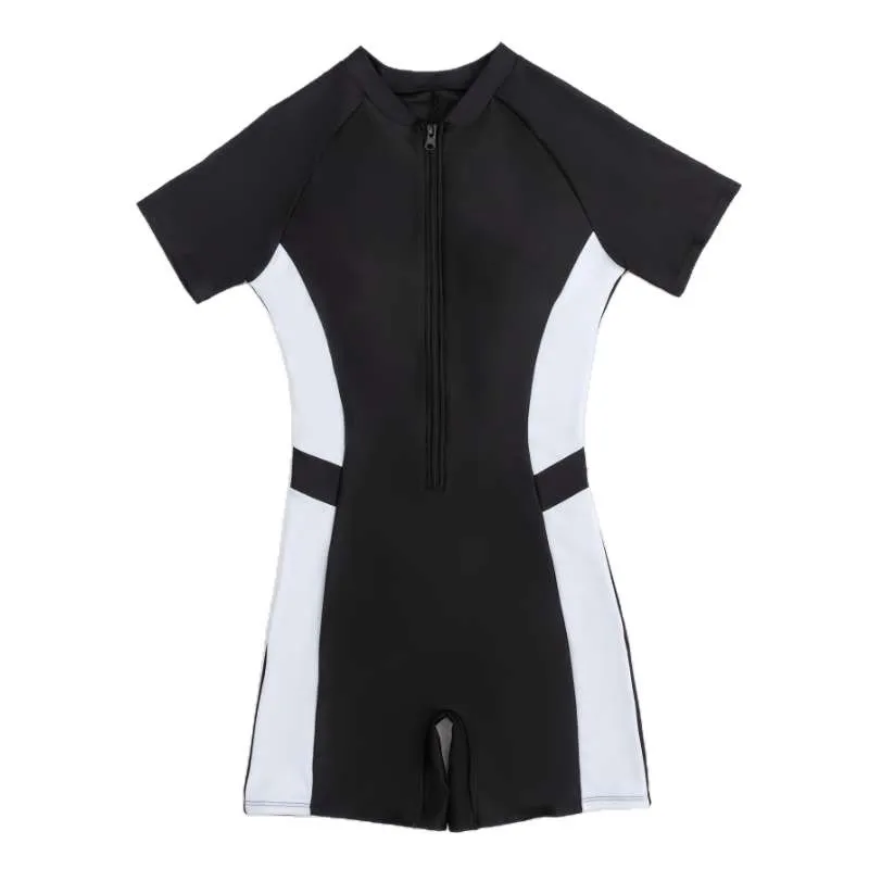 Women's Color Block Athletic One Piece Swimsuit Short Sleeve Front Zipper Sun Protection For Surfing Training