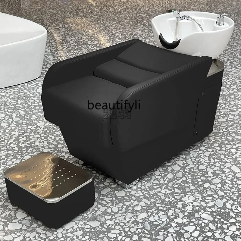 Silla de champú para barbería, cama de champú para salón, Spa, lavabo de cerámica tumbado por la mitad