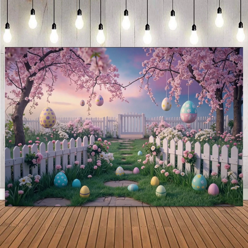 Cherry Blossom Easter Eggs White Fence Garden Backdrop Kids Birthday Party Portrait Baby Shower Home Decor Photograph Background