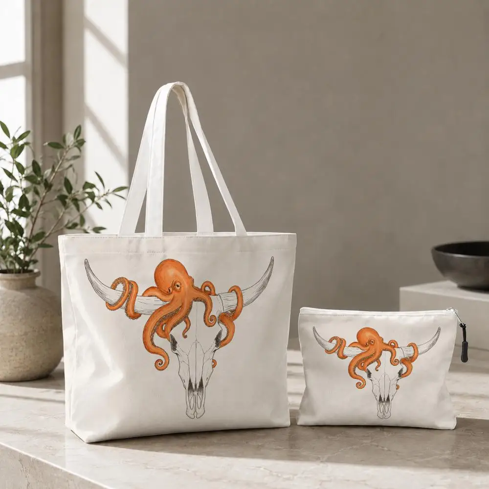Western Longhorn Cow Skull Storage Bags 2-Pcs Canvas Tote Bag with Zipper Reusable Tote Bags for Shopping Travel Work Gifts