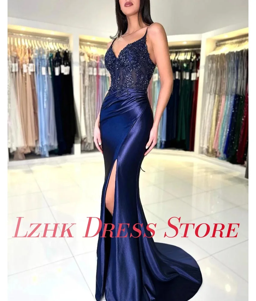 Gaun Malam Tali Spaghetti Berpayet Applique Putri Duyung Satin Indah Kustom Gaun Malam Seksi Tanpa Lengan فساتين سهرة