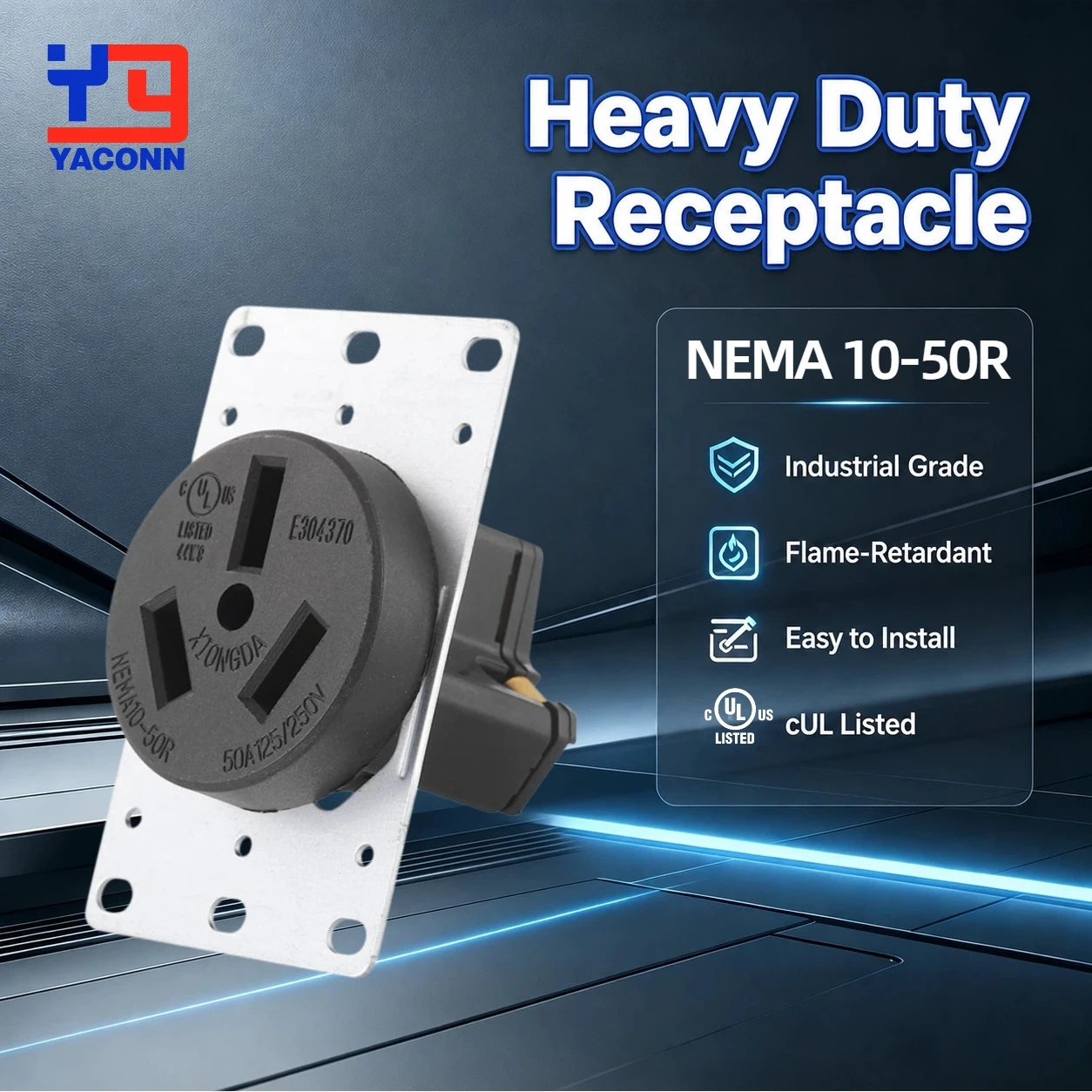 NEMA10-50R Receptacle 50A 125/250V Straight Blade 3 Pole 3 Wire Flush Mount Industrial Grade Heavy-Duty Outlet for Ovens Welders