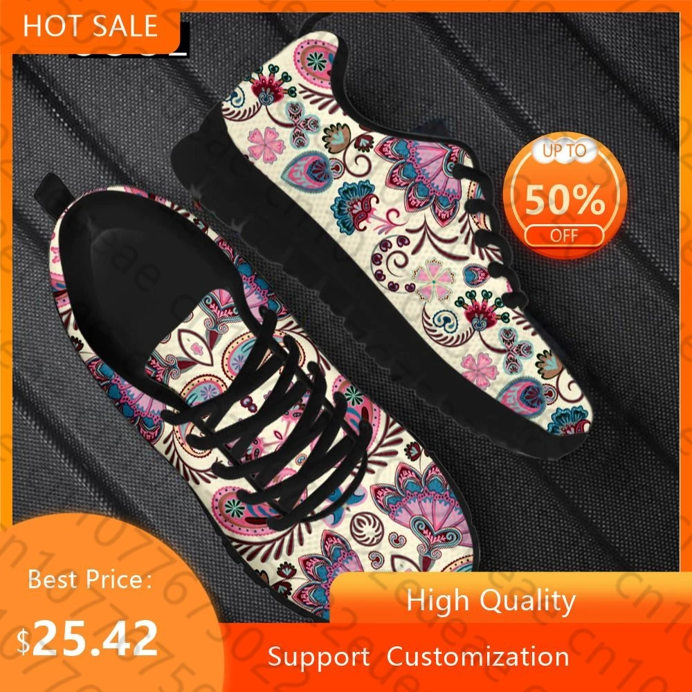 HYCOOL Spring Autumn Women Sports Shoes Indian Seamless Pattern With Paisley Floral Printing Flat Female Streetwear Scarpe Donna