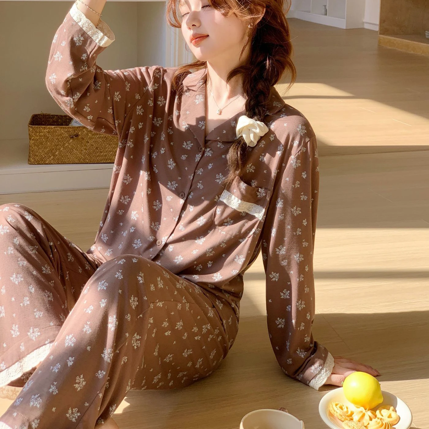 

Новая женская пижама с цветочным принтом: трикотажный хлопковый домашний комплект с длинным рукавом, кардиганом и брюками