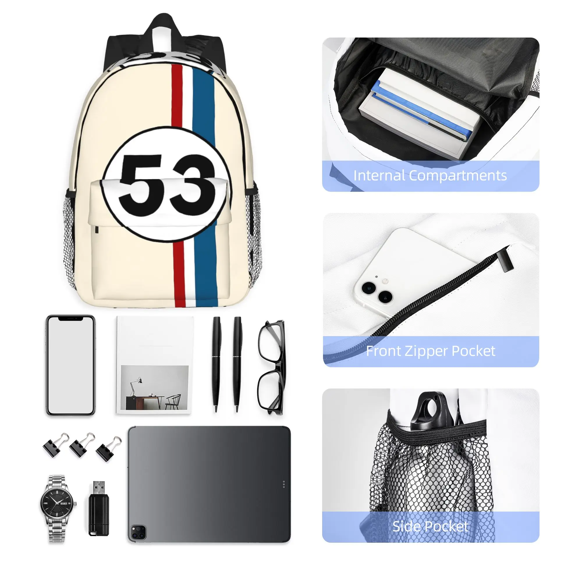 Herbie Number 53 Backpack Hot Sale Daypack Large Capacity Boys Girls BookBag Shoulder Bags for Men Women School Bag