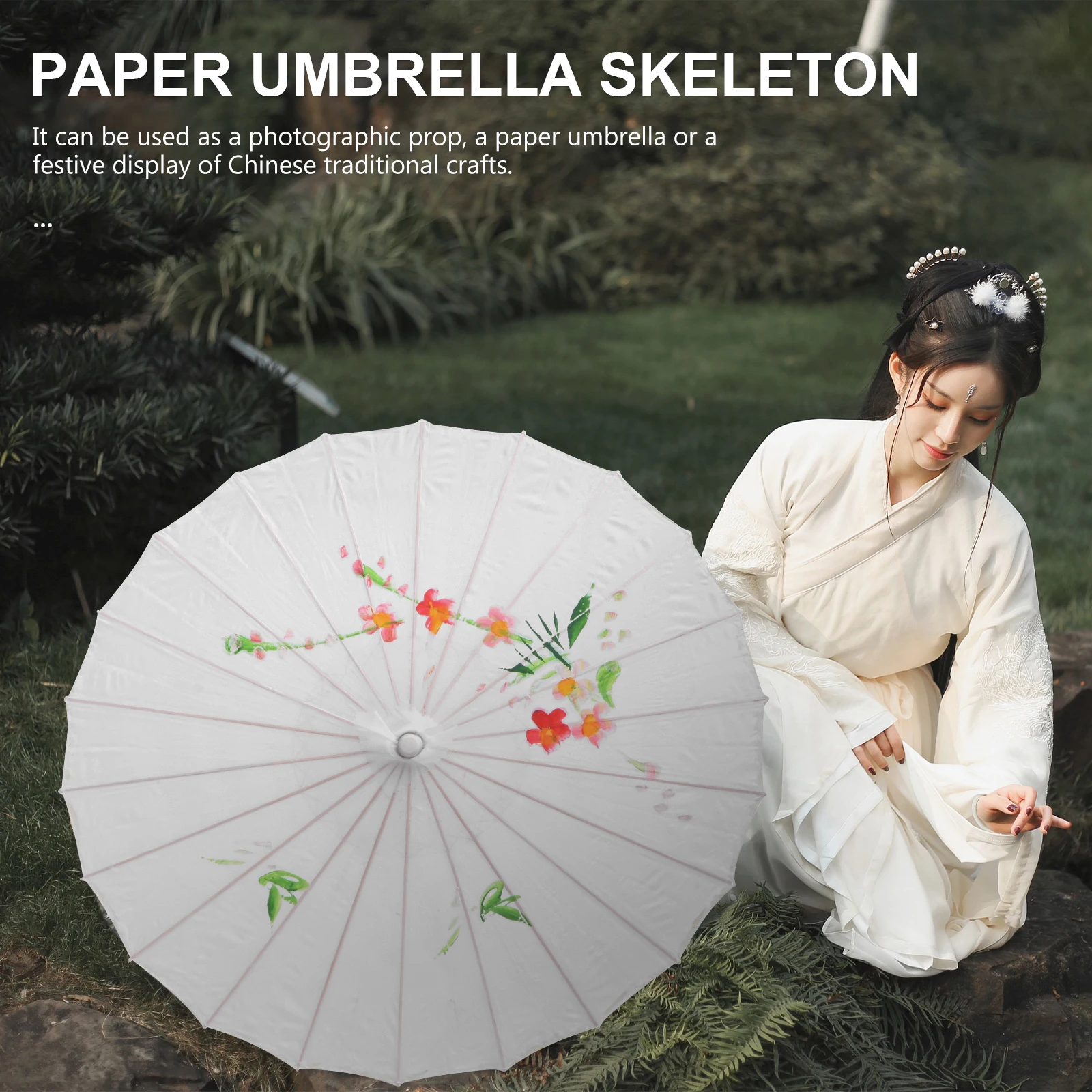 

Classical Flower Umbrella Oil Paper Silk Dancing Props Women White Decor Traditional Craft Photography Festival Display