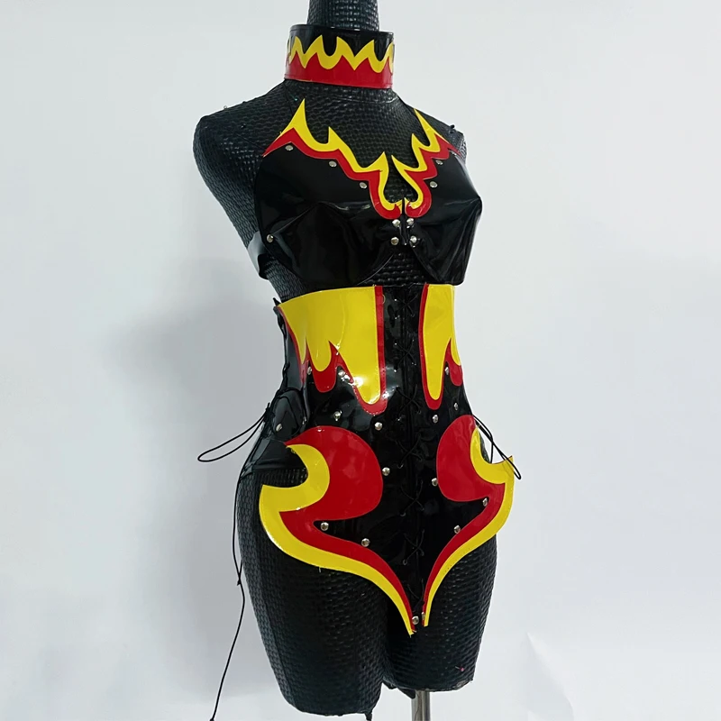 Sexy escultura chama couro bodysuit gogo trajes feminino festival rave outfits boate bar dj ds pólo dança roupas