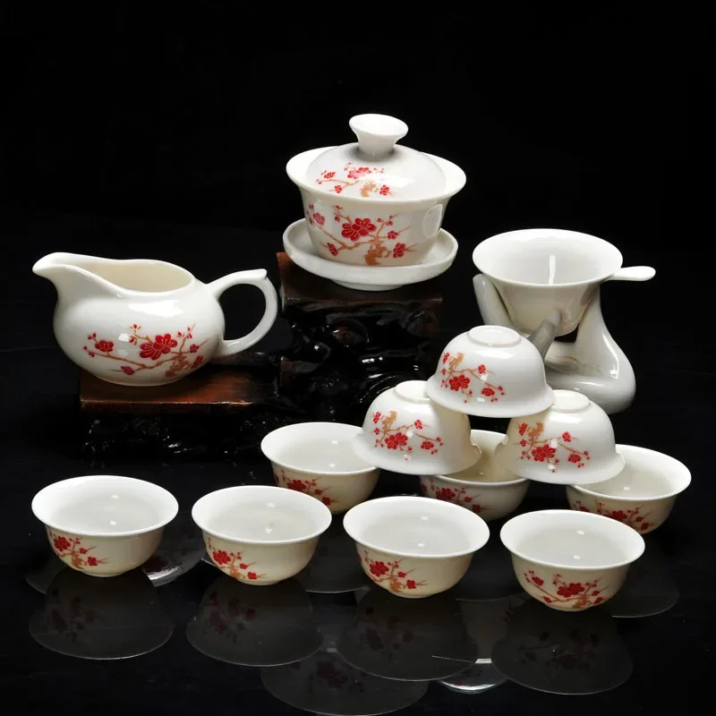 14 Pieces Kung Fu tea set,Chinese Pattern Include White Glazed Ceramic Porcelain Dragon 10pcs Cups and Teapot