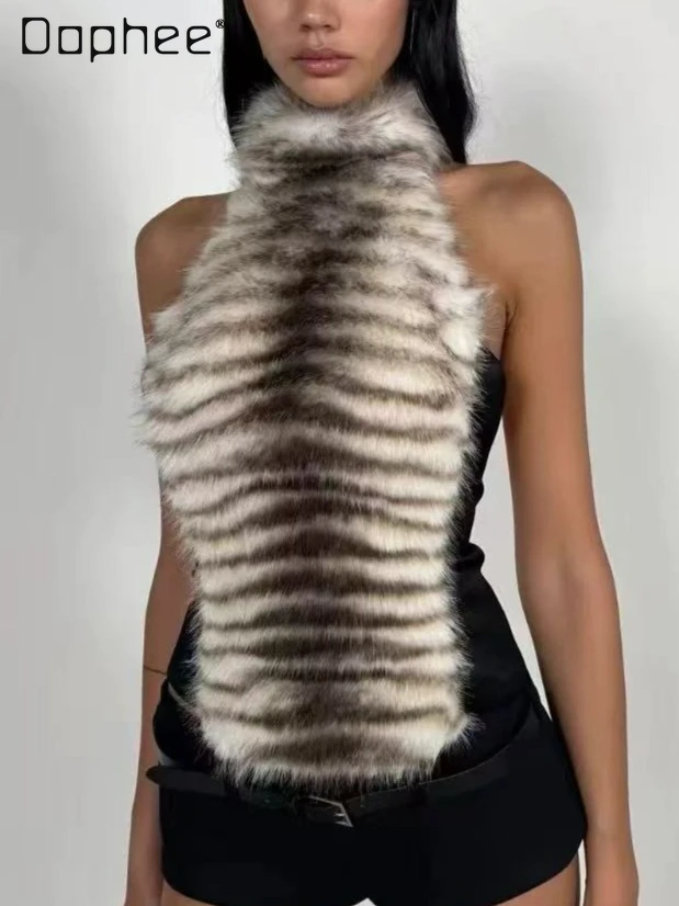 

Корейский стиль Ins градиент цвета воротник-стойка меховой лоскутный Холтер регулируемый сексуальный топ с открытой спиной жилет плюшевая меховая куртка без рукавов