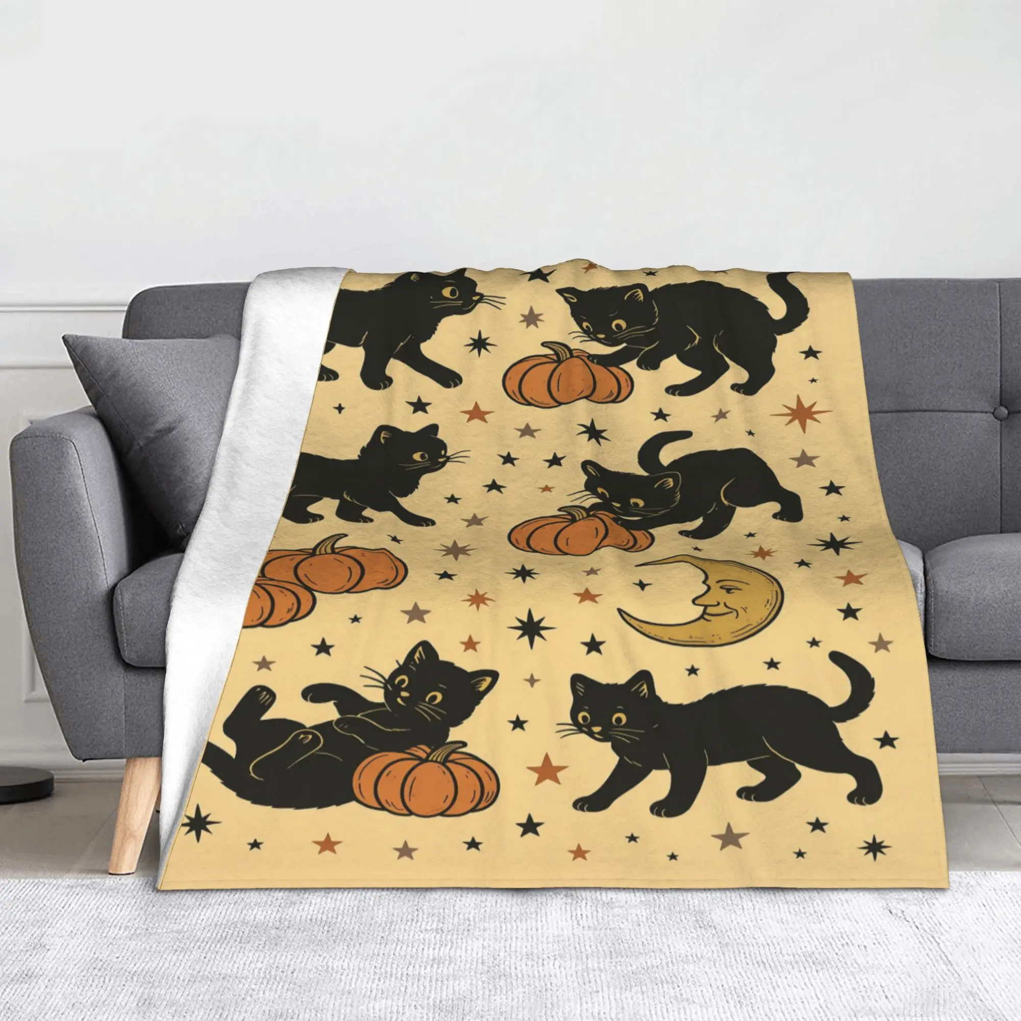 Halloween Black Cats Fleece Throw Blanket Autumn Pumpkin Blankets for Bed Outdoor Lightweight Thin Bedroom Quilt