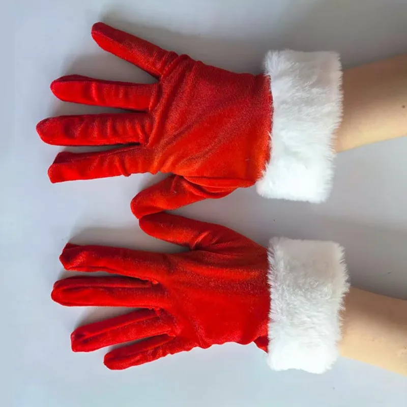 Women Red Velvet Gloves with White Plush Cuff Christmas Party Cosplay Costume Stage Performance Photo Prop Winter Accessory Warm