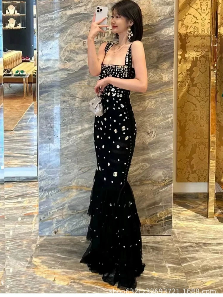 High-Grade Beads Sling Maxi Dresses for Women Spring Summer Retro Square Collar Temperament Rhinestone Sleeveless Banquet Dress