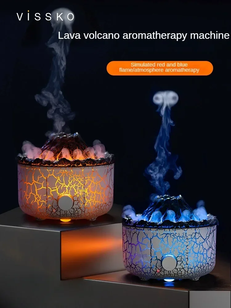 Lava Volcano Humidifier with Unique Circle Spit Design and Flame-shaped Night Light for Atmosphere and Aromatherapy