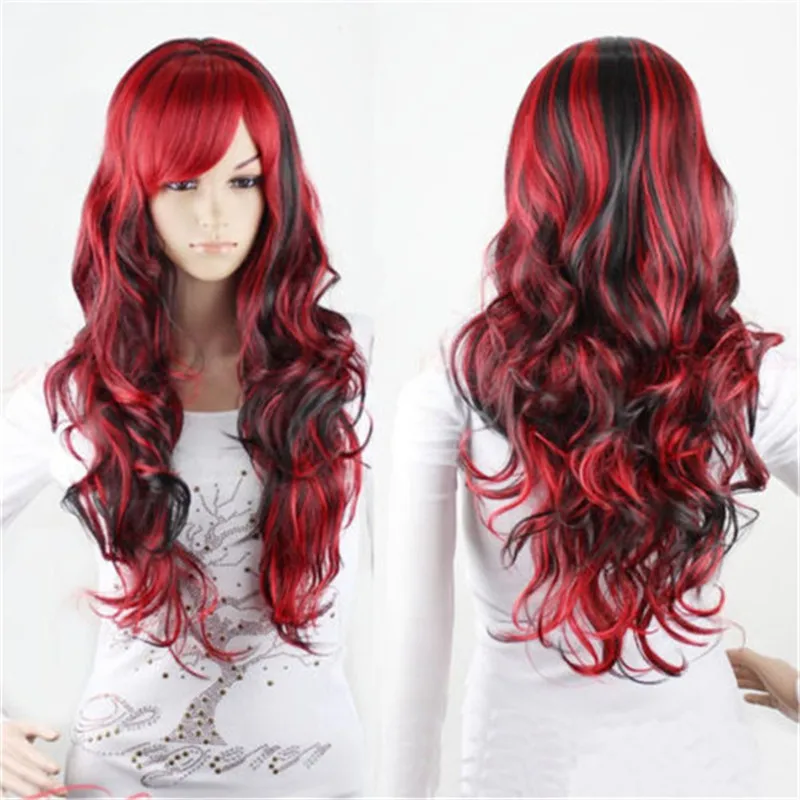 Black red versatile long curly hair large wavy slanted bangs wig