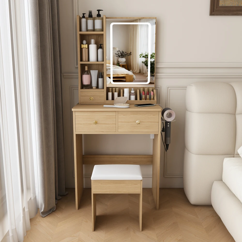 Orraves Modern Small Vanity Desk, Featuring 3 Modes of LED Lighting with Adjustable Brightness, 3 Drawers and Multiple Open Storage Shelves, a Hair Dryer Holder and Power Socket, and a Dressing Chair.