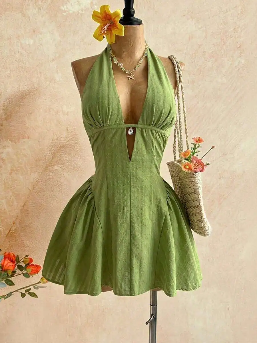 

Womens Green Halter Neck Backless A-Line Mini Dress Boho Style