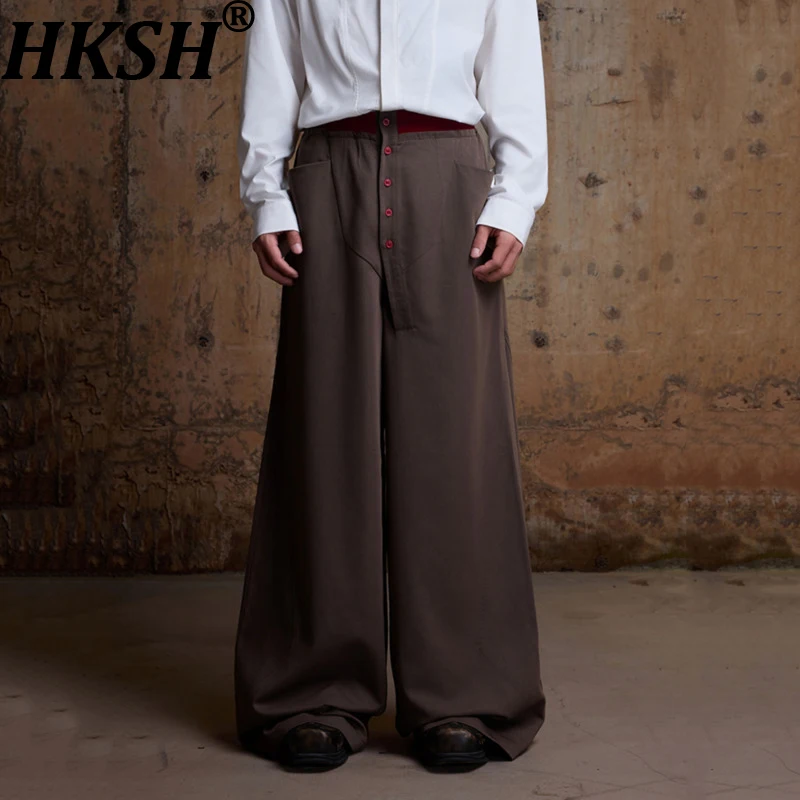 

HKSH весна осень новые мужские нишевые сращенные контрастные цветные конструкции трехмерные пуговицы с эластичной резинкой на талии модные костюмные брюки HK14566