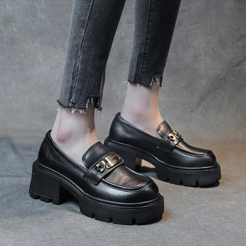 

Women's Casual Fashion Thick Bottom Platform Slip-On Loafers Soft Leather Shoes Comfortable round Toe mid Heel Spring Summer