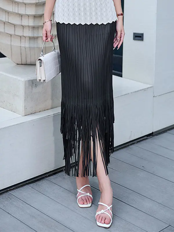 A-Line Midi Skirt with Fringe Pleats Elastic Waist  Color High-End Feeling Commute Style Polyester Fabric H-Shape
