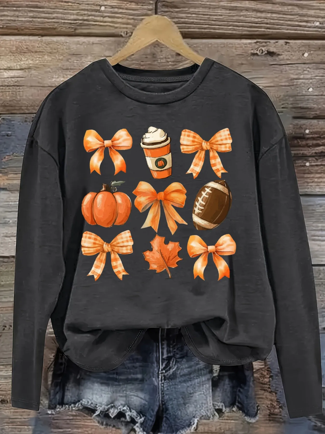Women's Casual Long Sleeve Crew Neck T-Shirt Pumpkin Bowls Coffee Football Leaves Design, Round Neck Women's Clothing, Machine Washable, Slightly Elastic, Loose Fit, Spring Autumn Winter Women's T-Shirt, Halloween Costume Outfit view 2