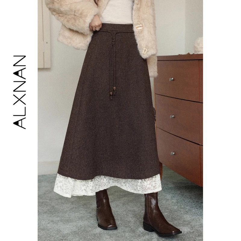 

ALXNAN женская осенняя кружевная лоскутная коричневая юбка-миди тренд 2025 элегантная винтажная модная повседневная длинная юбка трапециевидной формы женская L59519