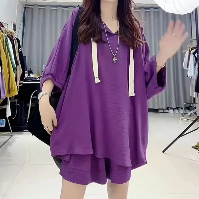 2024 New Solid Color Oversized Two Piece Set Summer Casual Pullovers Women's Clothing Ladies Loose Elastic Waist Shorts Tops