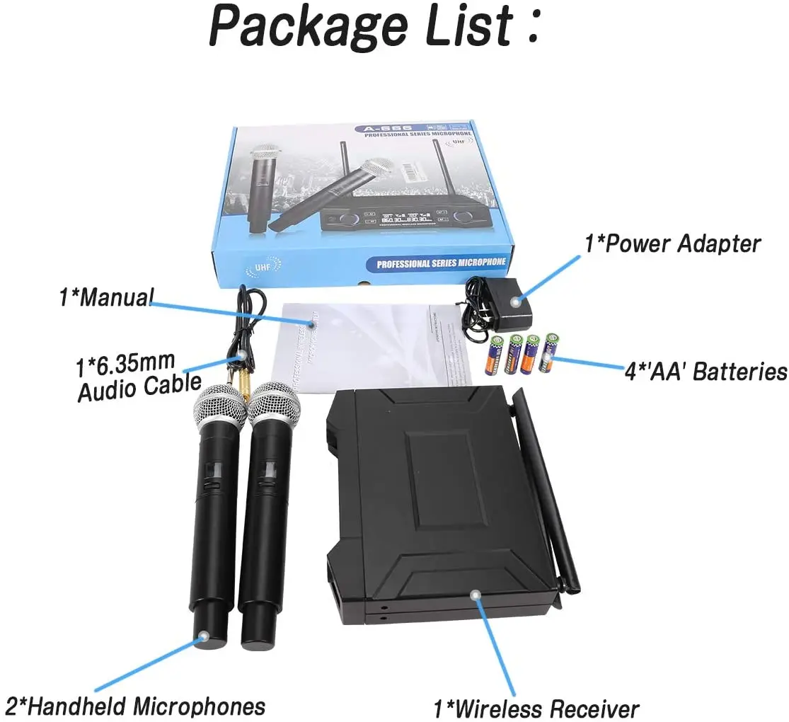 Professional Karaoke UHF Wireless Microphone Cardioid Polar Pattern Handheld XLR 2-Channel Metal and Plastic Construction