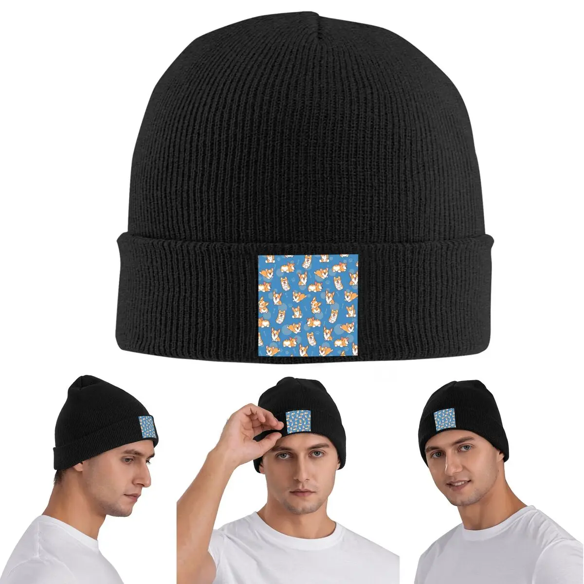 Corgi Puppy Lie Down In Blue Background Warm Knitted Cap Winter Knit Bonnet Hat Skullies Beanies Hip Hop Caps for Unisex