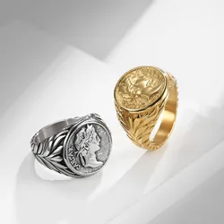 Vintage Stainless Steel Roman Empire Caesar Rings For Men Fashion Biker Coin Caesar Head Silver Color/Gold Men's Ring Jewelry