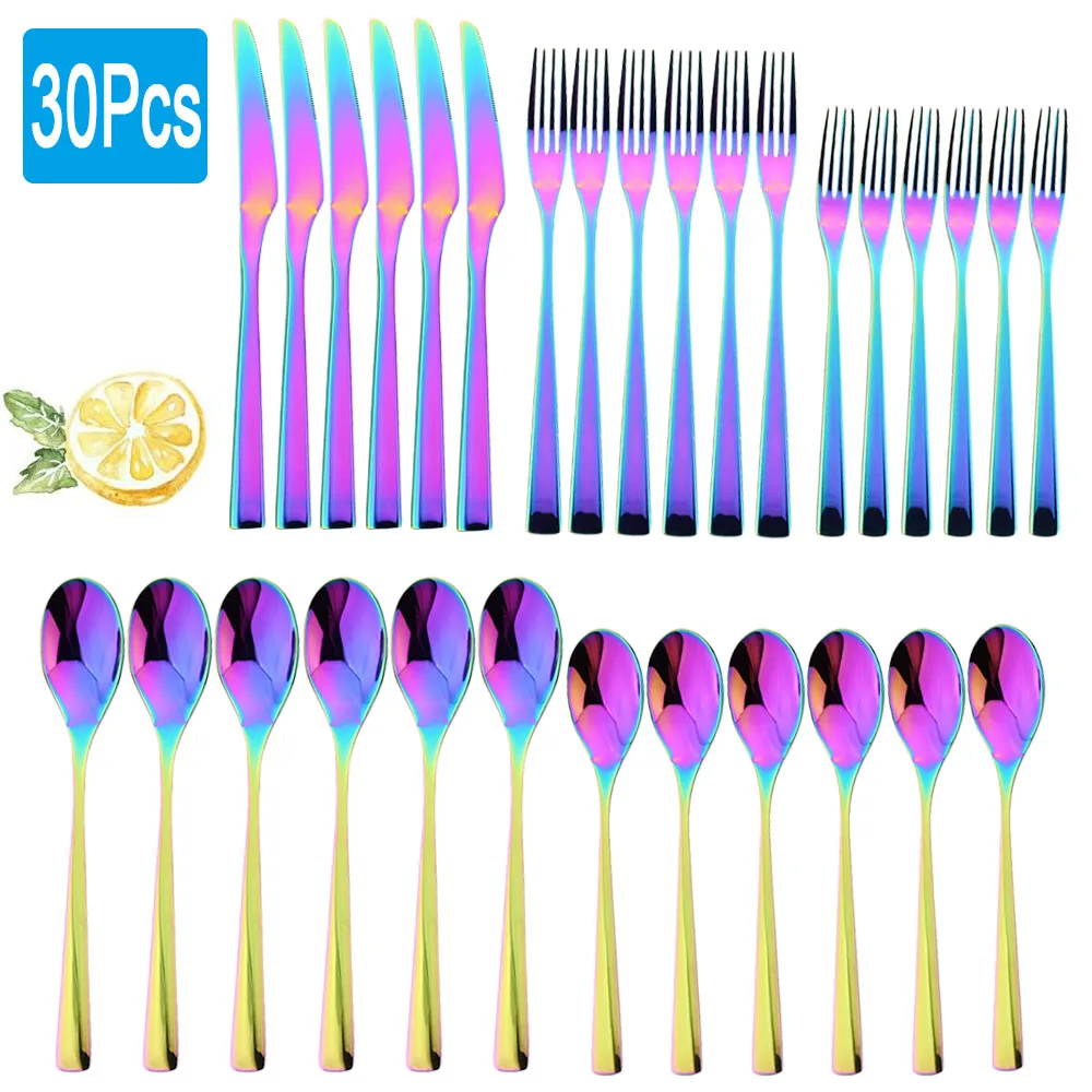 

30Pcs Cutlery Set Rainbow/Silver Dinnerware Stainless Steel Fork Spoon Knife Flatware New Western Tableware Dishwasher Safe