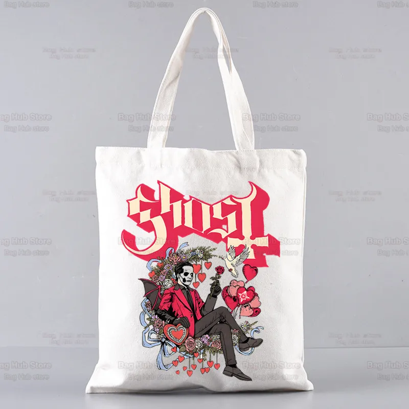 Ghost Rock Band Bolsa de compras para homens e mulheres, sacolas de algodão reutilizáveis, lona, sacolas de personagens populares, alta capacidade, prevalente