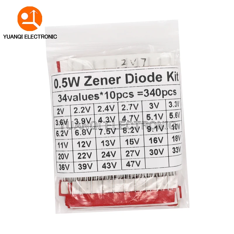 340pcs 1/2W Zener Diode Assorted Kit 0.5W 2V - 47V 34values*10pcs=340pcs BZX55C Series DIY Set