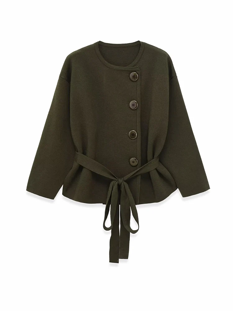 Elegante dames ronde kraag gebreide jas effen volledige mouw enkele rij knopen veterjassen vrouwelijke herfst mode trui outwears