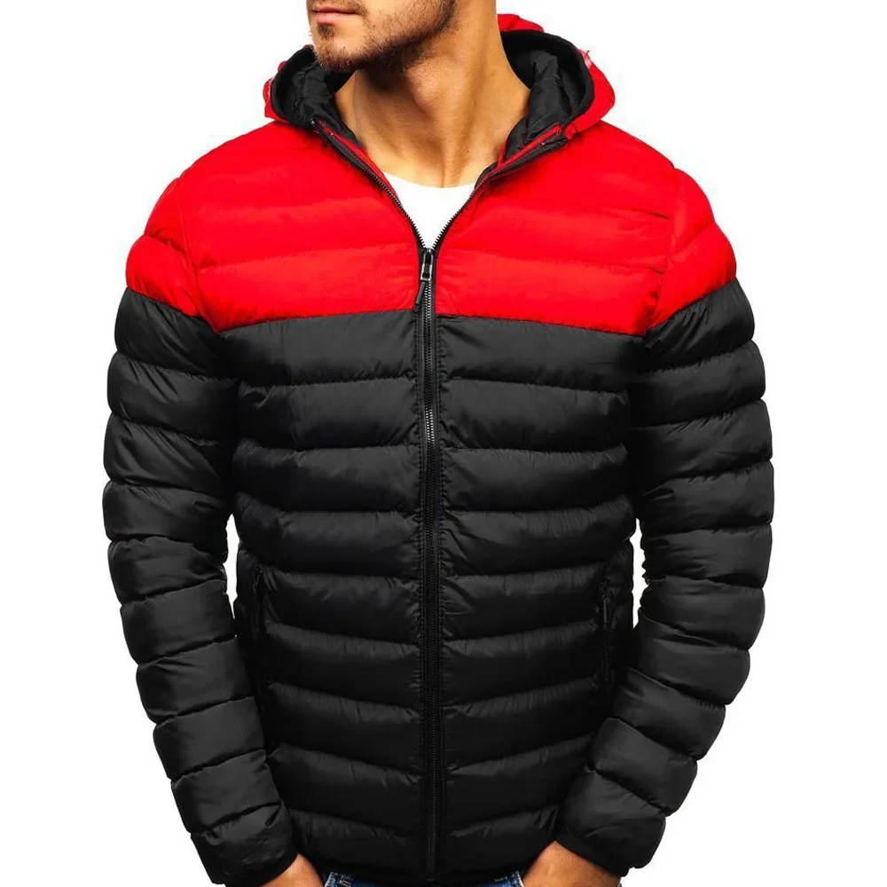 Autumn Winter Parkas Casual Male Patchwork Zip Up Long Sleeve Hooded Cotton Pad Coats Outwear