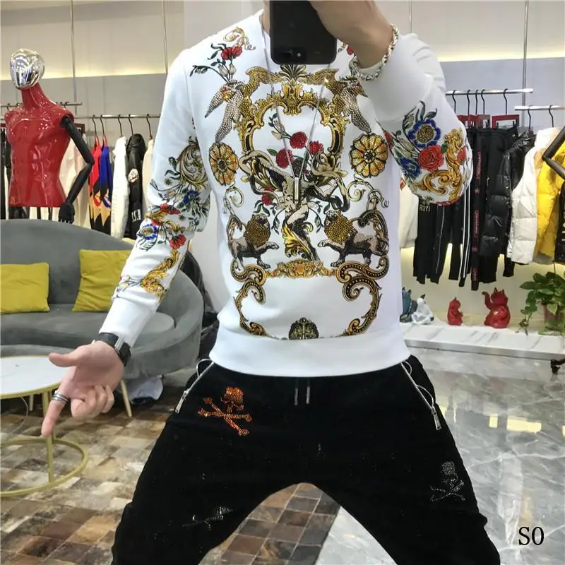 Men\'s 2021 autumn new slim long-sleeved handsome heavy craft flower and bird print hot diamond tide brand sweater men