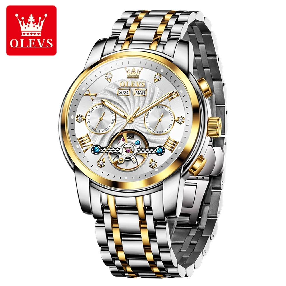 OLEVS 7088 Luxury Automatic Mechanical Watches for Men Skeleton Flywheel Calendar Week Business Man Watch Hollowed Men's Watches