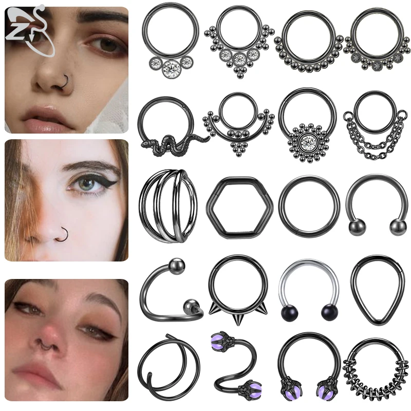 ZS 1PC Punk Rock Black Plated Hoop Nose Ring 316L Stainless Steel Septum Nose Clicker Bat Spike Dragon Claw  Ear Helix Piercings