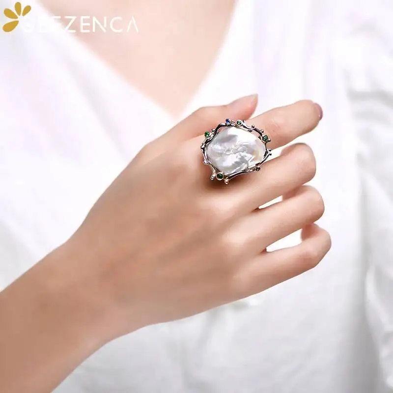 GEEZENCA Irregular Baroque Pearl 925 Sterling Silver Chunky Rings Large Adjustable Statement Ring Clearance Limited Stock