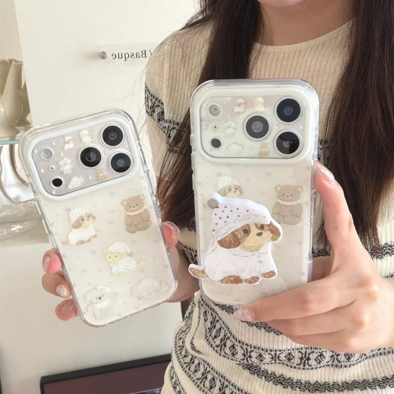 Funny Cute Sleep Cap Cat Dog Animal Phone Case For iPhone 17 Pro 16 15 Pro Max Cover with Holder Shockproof Protective Cases Fun