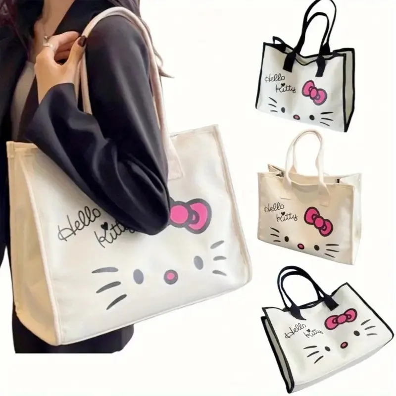 Torba Anime Hello Kitty Sanrio płócienna torba na ramię zwykłym nadrukiem torebka Kawaii dla do szkoły pracy ozdoba na zakupy