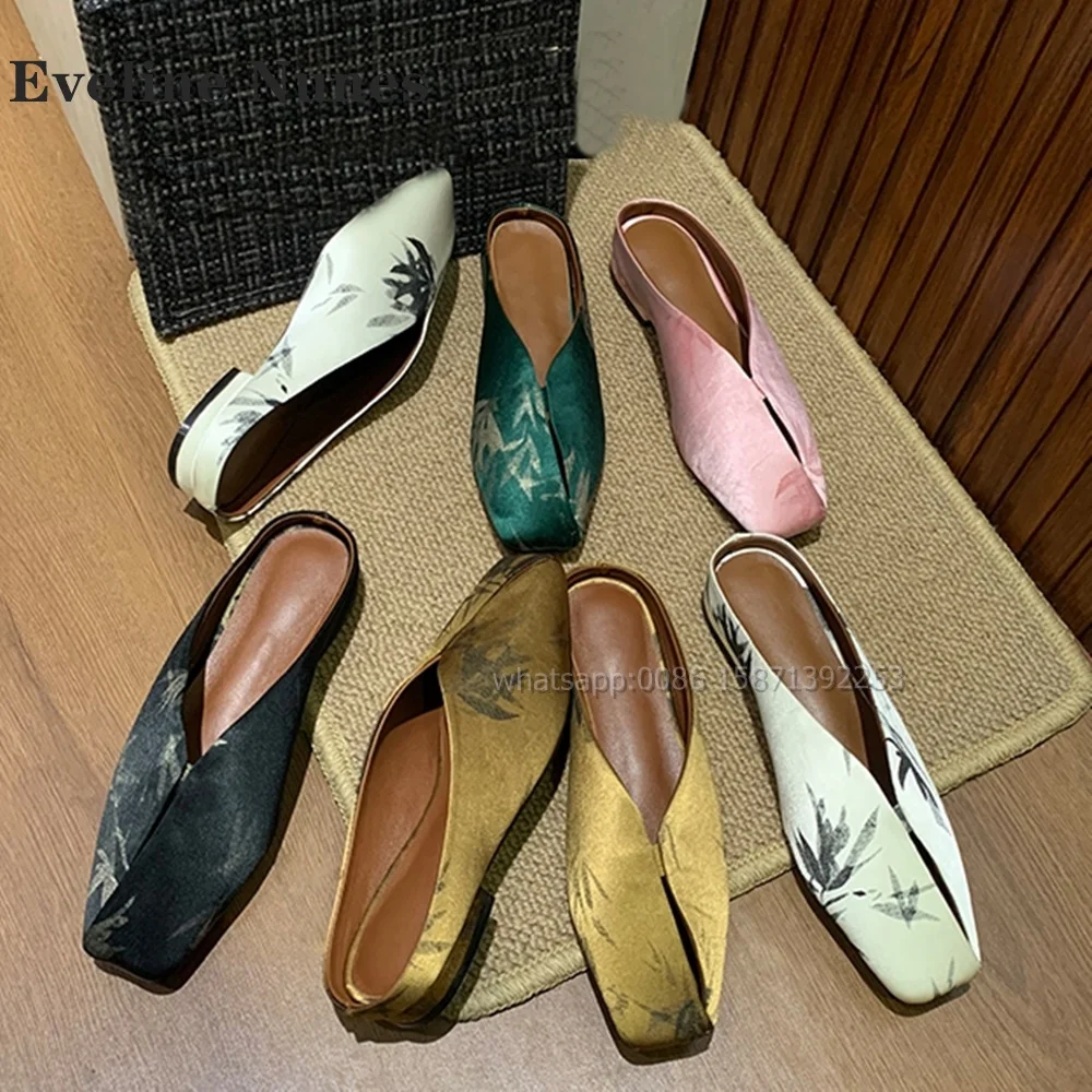 Satin Embroidery Slip On Mules Square Toe Flat with Hollow Out Patchwork Women Slides Bicolor Shallow Casual Sandals 2024 Summer