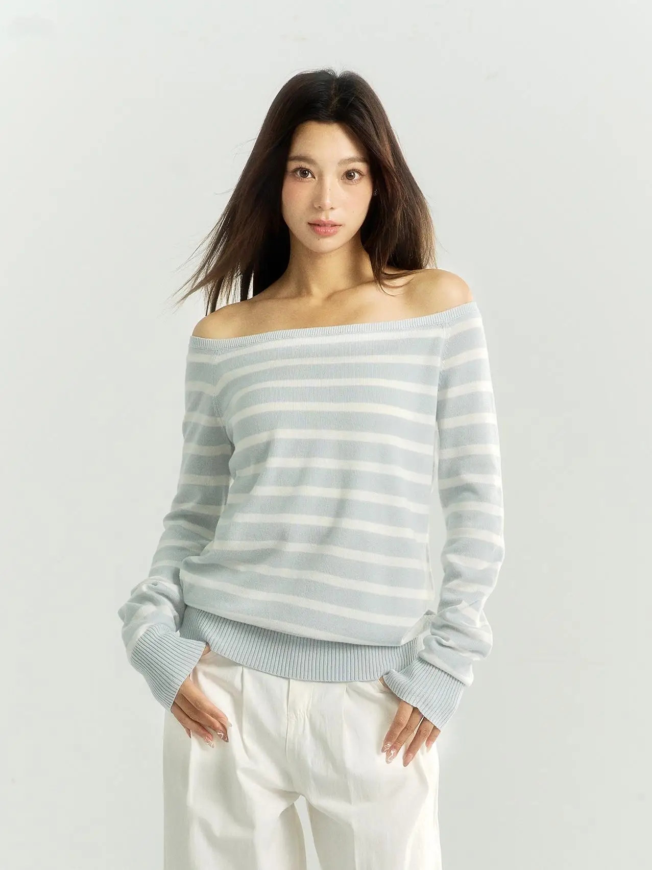 

TENPSEN Spring Blue White Stripes oulder Bared Knitted Top Korean Sle Lazy Sle One oulder Diagonal oulder Women's S...