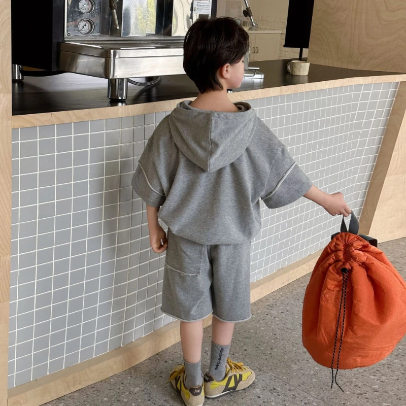 2026 Four Seasons Hot Selling Children's Simple Design Solid Color Hoodie and Shorts Two Piece Set