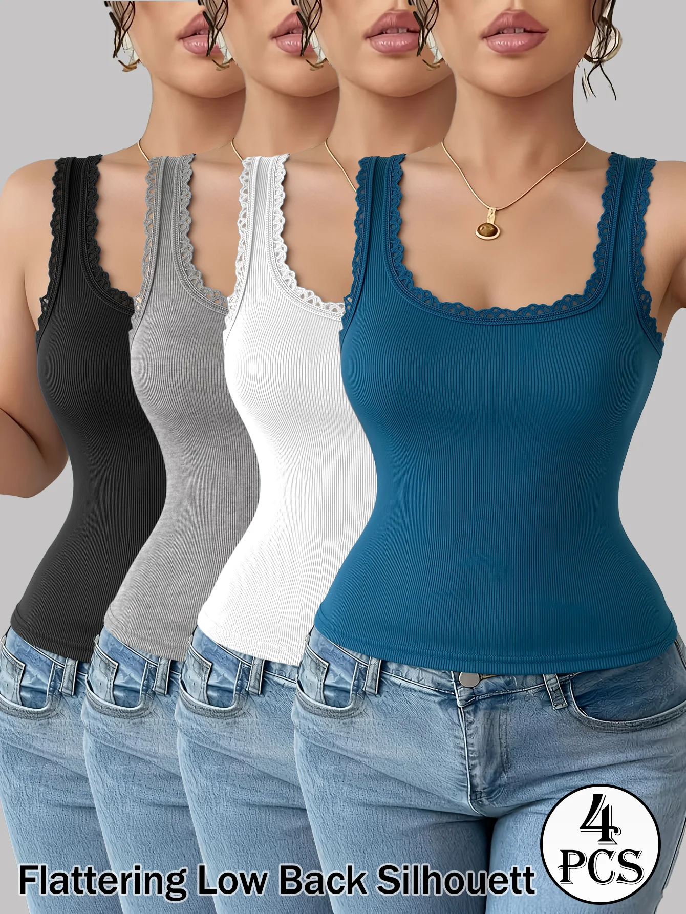 4-Pack Women's Ribbed Knit Tank Tops, Lace Trim U-Neck Slim Racerback Vests, Sleeveless Tops for Summer Casual & Sports