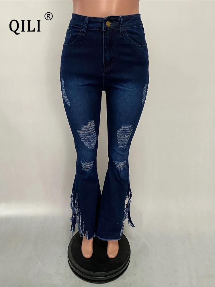 QILI- Ripped Tassle Jeans for Women, High Waisted Denim Pants, Skinny Flare Pants, Sexy Blue Bottoms, Summer Fashion, 2023