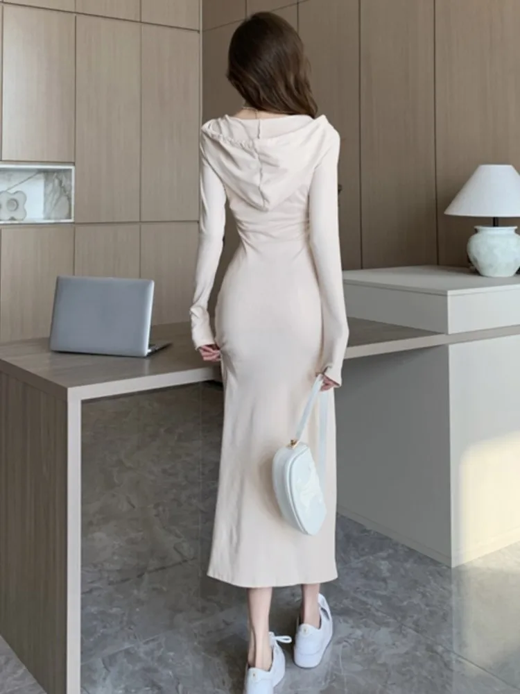 Autumn Fashion Solid Hooded Party Dresses for Women Elegant Birthday Evening Dress Female Sweatshirt Slit Midi Vestidos Mujer